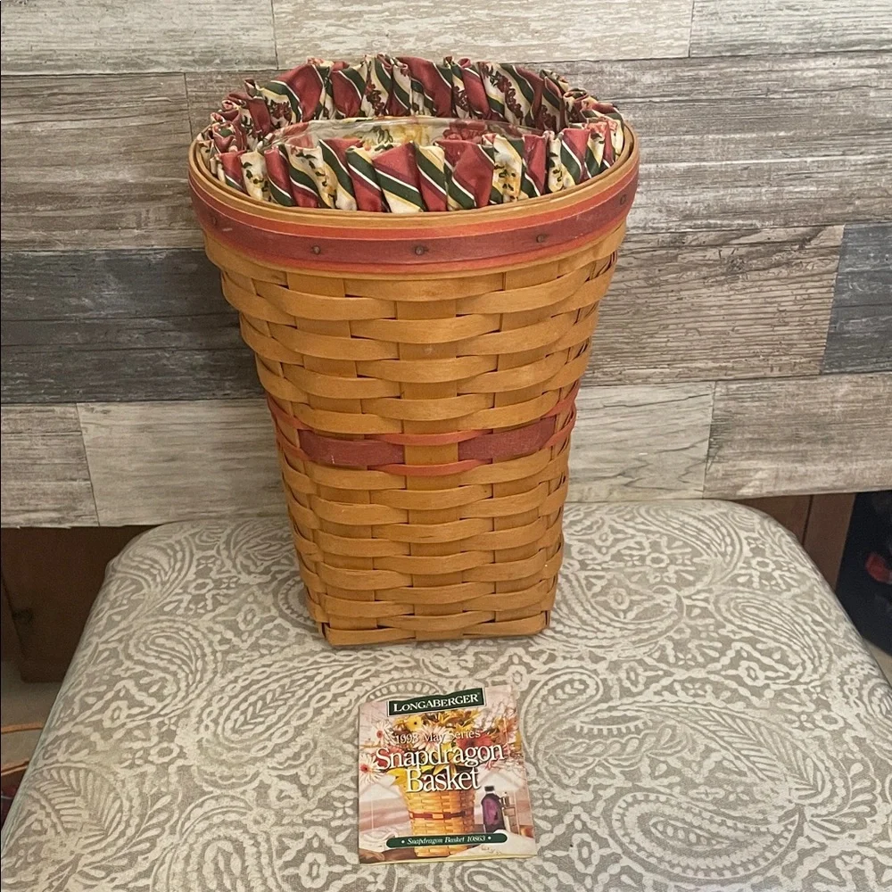 Longaberger Snapdragons flower Basket with Red Trim floral liner and protector.